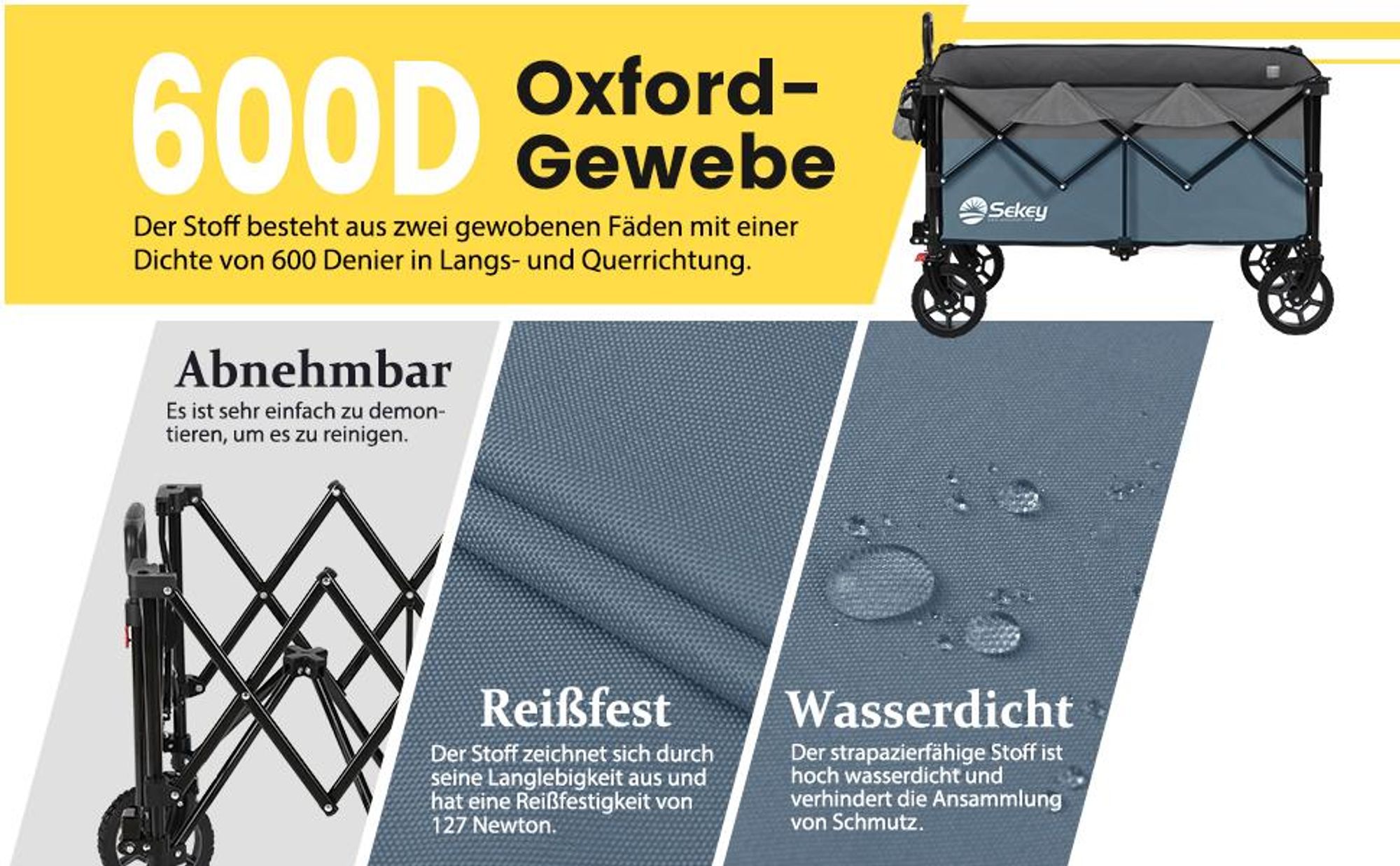 Sekey Bollerwagen faltbar 150 kg mit Bremsen, klappbarer Handwagen für Garten und Ausflug, Blau