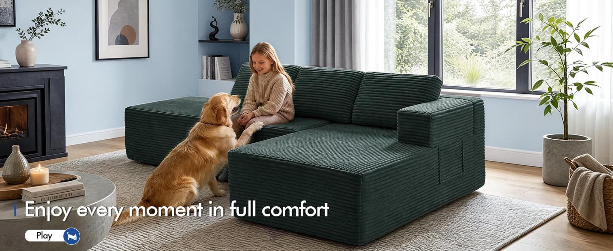 Sofá modular de 228 cm con función de cama, tapizado en pana. Sofá chaise longue con estructura metálica en la parte trasera, diseño en forma de L y sistema de apertura para convertirlo en cama