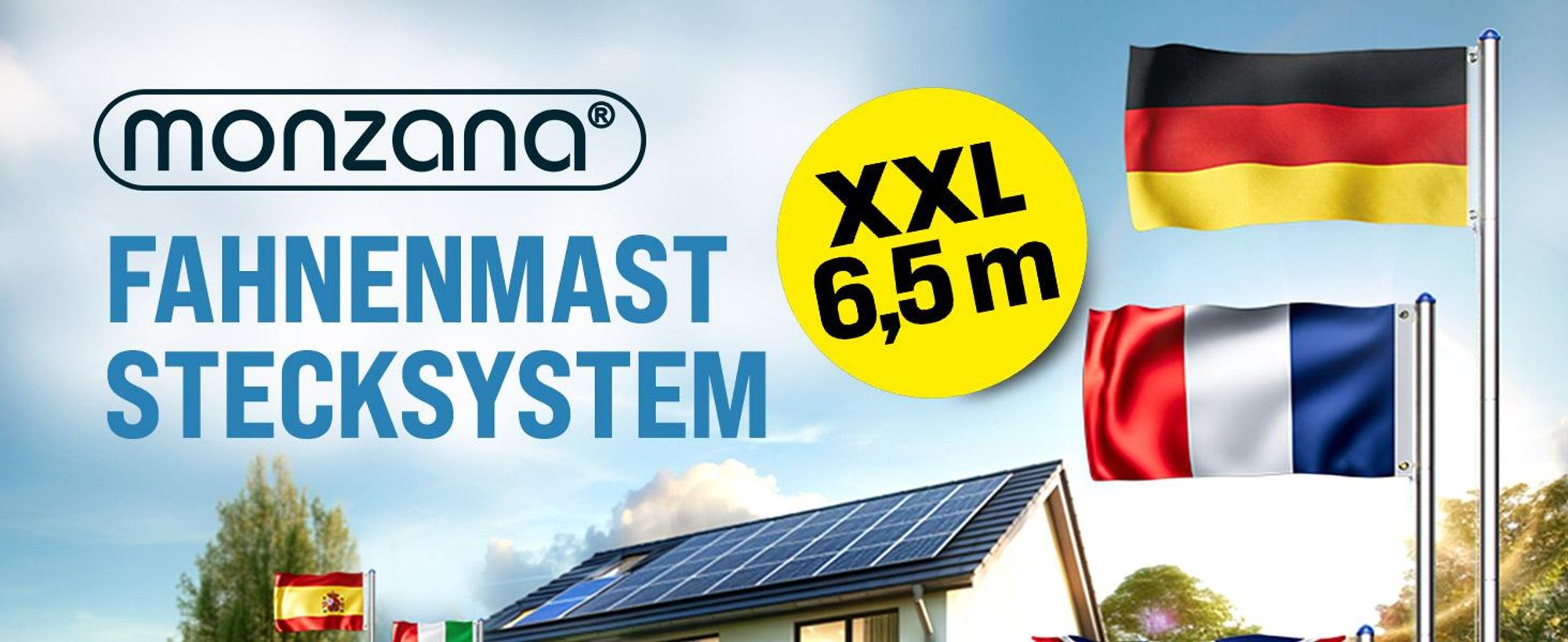 MONZANA® Fahnenmast 6,5m Seilzug Bodenhülse inkl. Spanien Flagge Spanische Nationalflagge Fahne höhenverstellbar Flaggenmast Aluminium Teleskop Fahnenstange