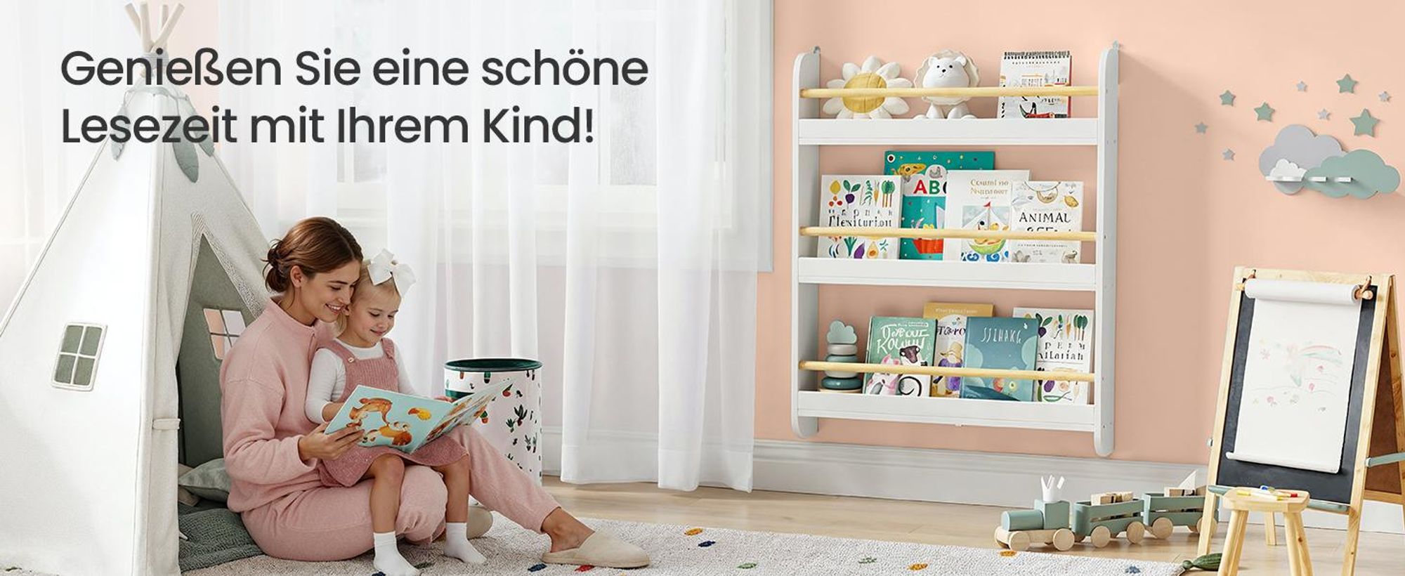 SONGMICS Bücherregal Kinder, Kinderregal mit 3 Ebenen, Spielzeugregal, Wandregal, für Kinderzimmer, Spielzimmer, weiß-naturfarben