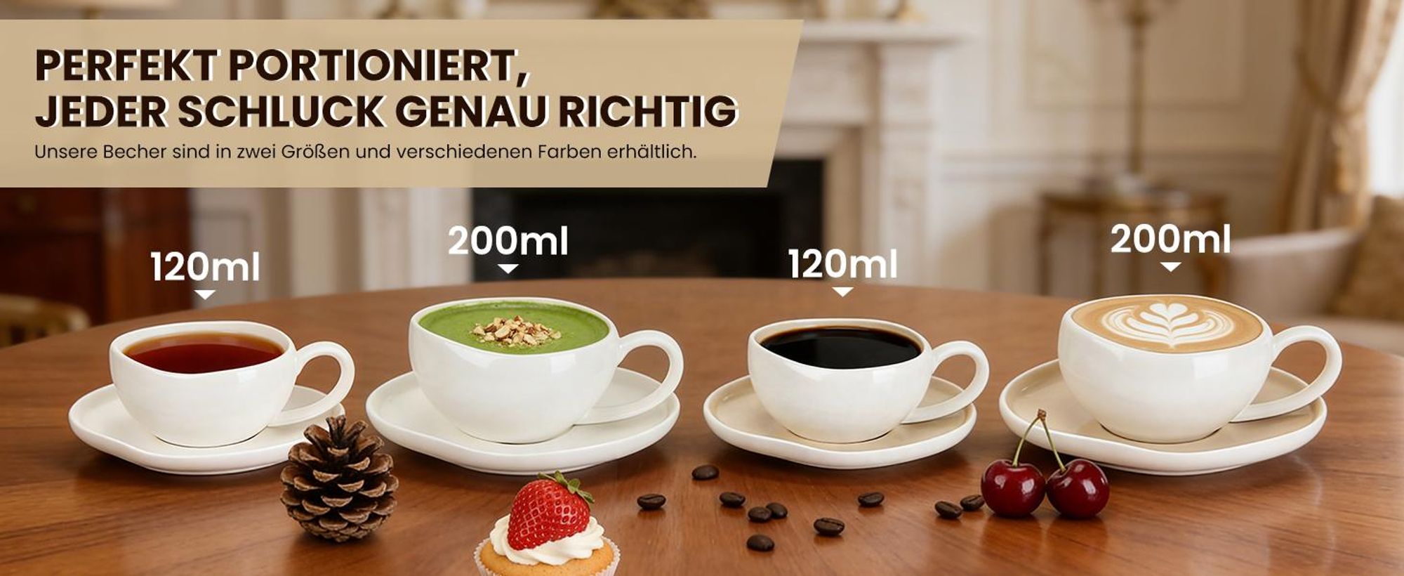HOMELUX Tassen Set 6er mit Untertassen 120 ml Kaffeetassen Set Espressotassen Set 6 Personen, Hält Lange Warm Spülmaschinenfest Kaffee Tassen Sets