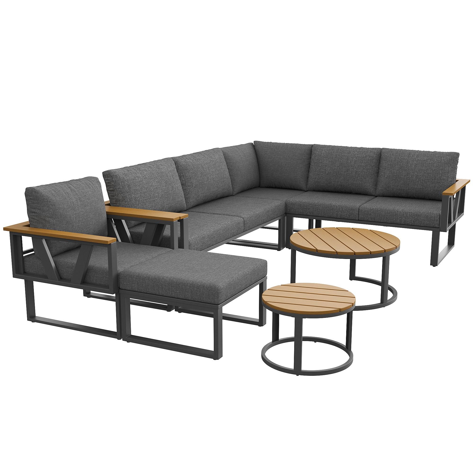 Flieks Gartenlounge-Set 7-tlg., Gartenmöbelset mit 2 Couchtischen für 6-7 Personen, Gartensofa mit abnehmbaren Kissen, Loungemöbelset Grau