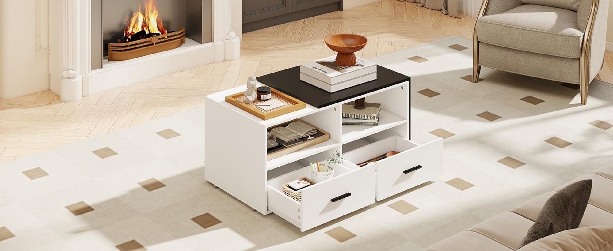 Puluomis Ausziehbarer Couchtisch mit Schublade, Kaffeetisch mit Farbblock Design und Rollen Schreibtisch Sofatisch für Wohnzimmer schwarz weiß