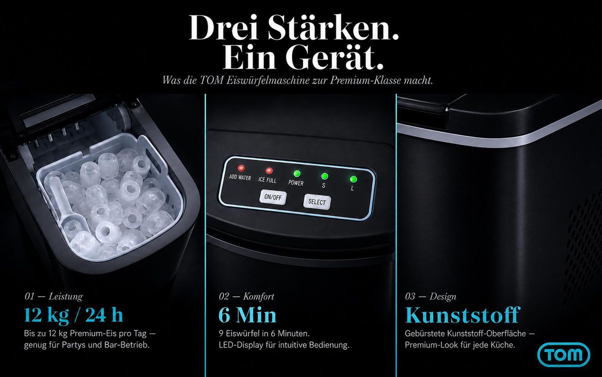 Eiswürfelmaschine Eiswürfelbereiter Schwarz 1,3 Liter mit Eiszange TOM | 12kg / 24h | 2 Größen | LED-Display | Herausnehmbarer Eiswürfelkorb