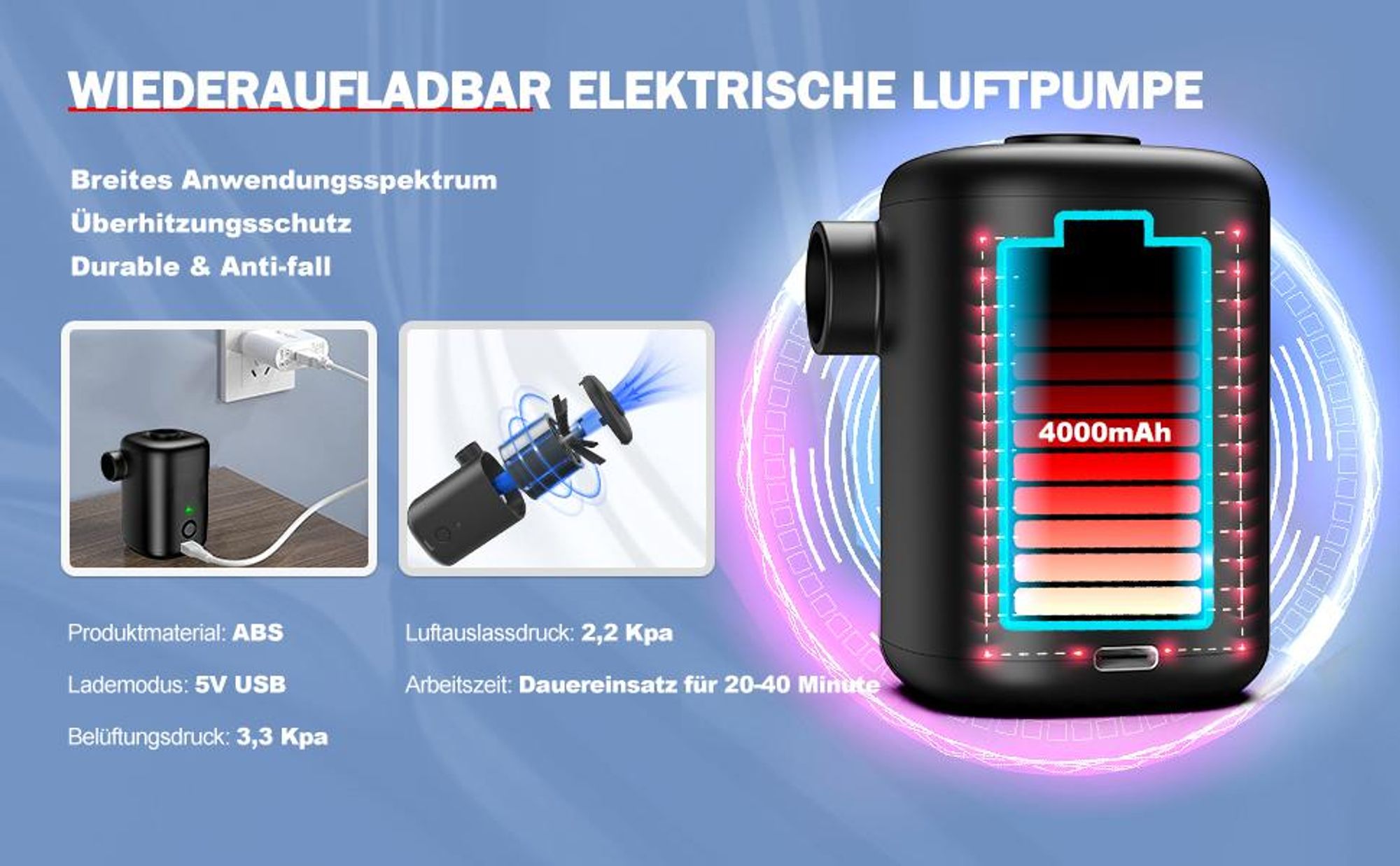 Elektrische Luftpumpe, Akku Luftpumpe, Mini Luftpumpe, 4000mAh Wiederaufladbare, mit 4 Luftdüsen, für Luftmatratze, Schwimmring, Vakuumbeutel