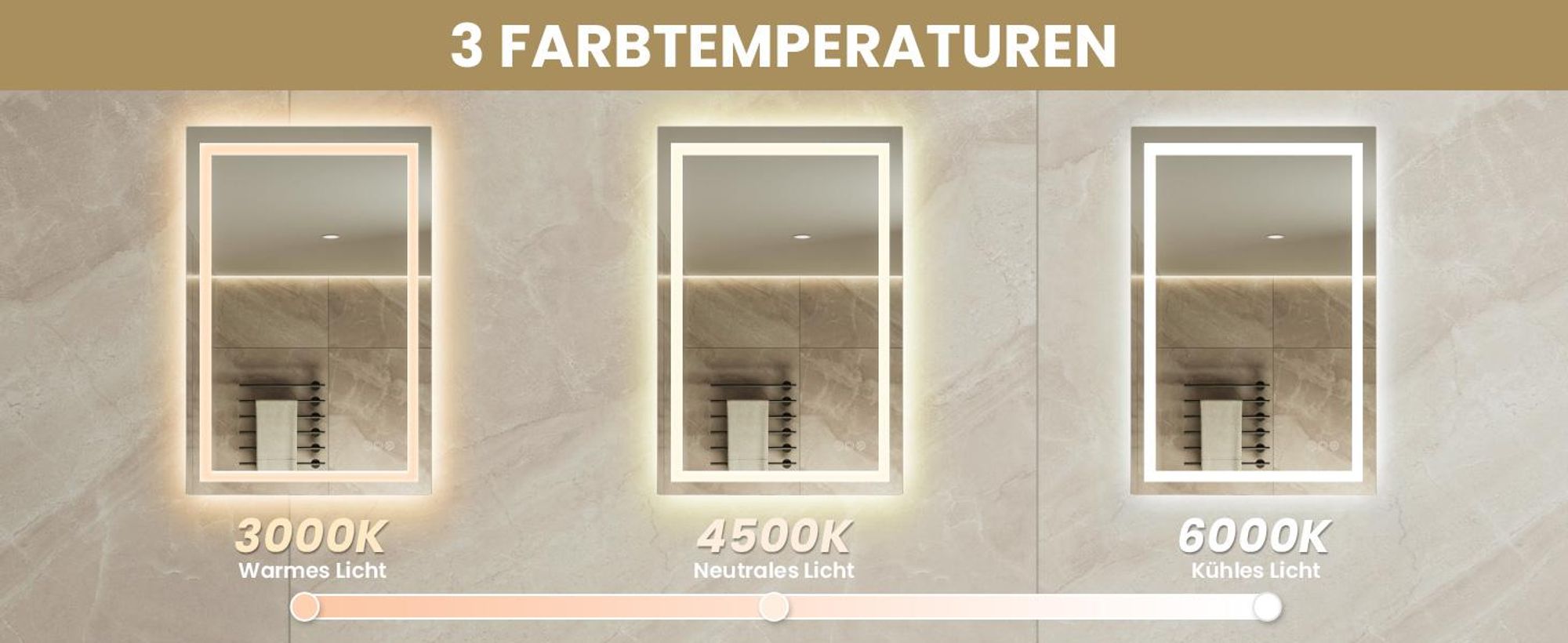 LED Badezimmerspiegel 100x60cm Rechteckig,3 Lichtfarben Badspiegel mit Touch und Anti Beschlag, IP64 Badezimmer Spiegel, energiesparend Wandspiegel
