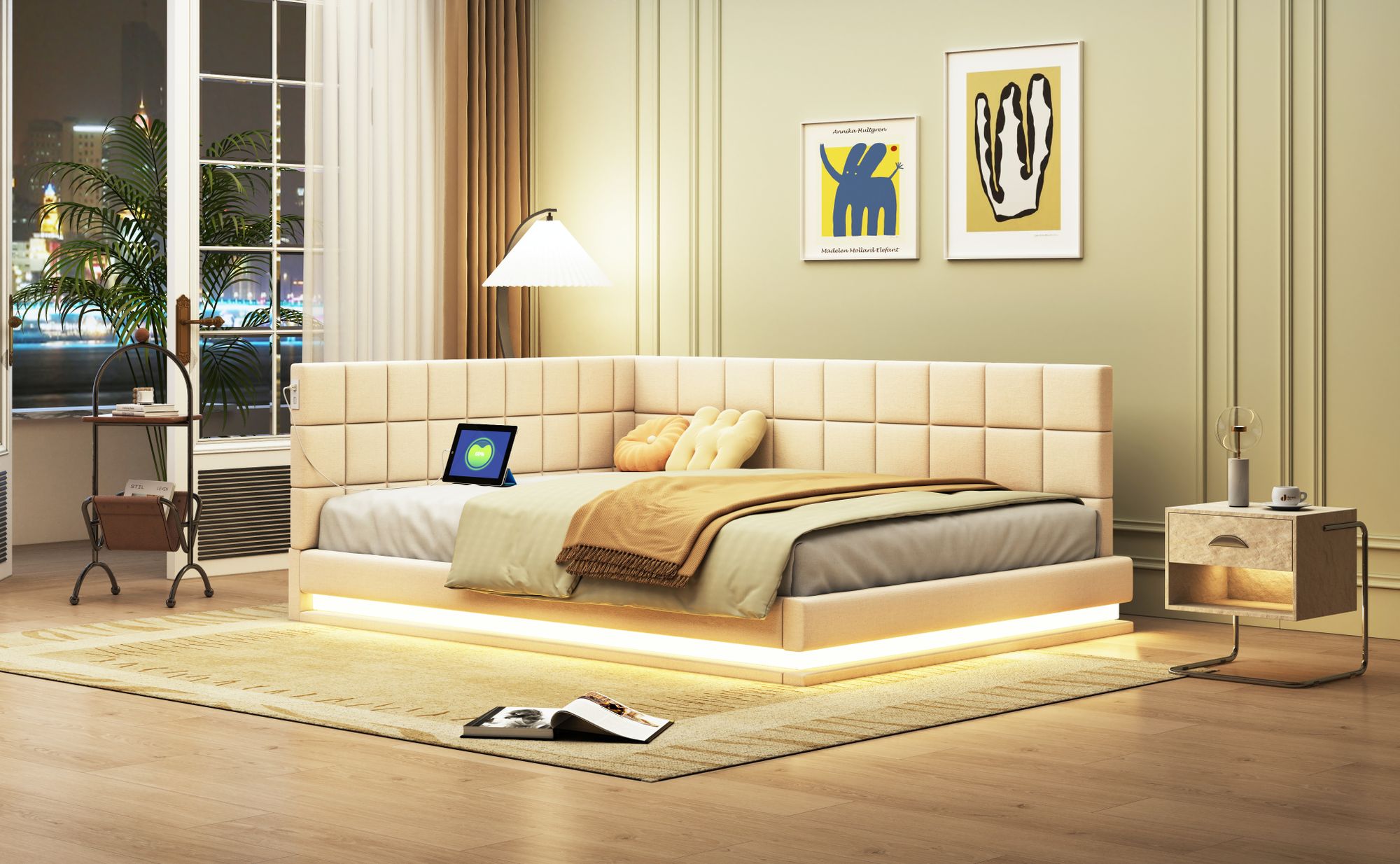 okwish Polsterbett 140×200 mit LED und USB Steckdos, Tagesbetten mit Lattenrost,Samtstoff, Schlafsofa in Beige,Ohne Matratze