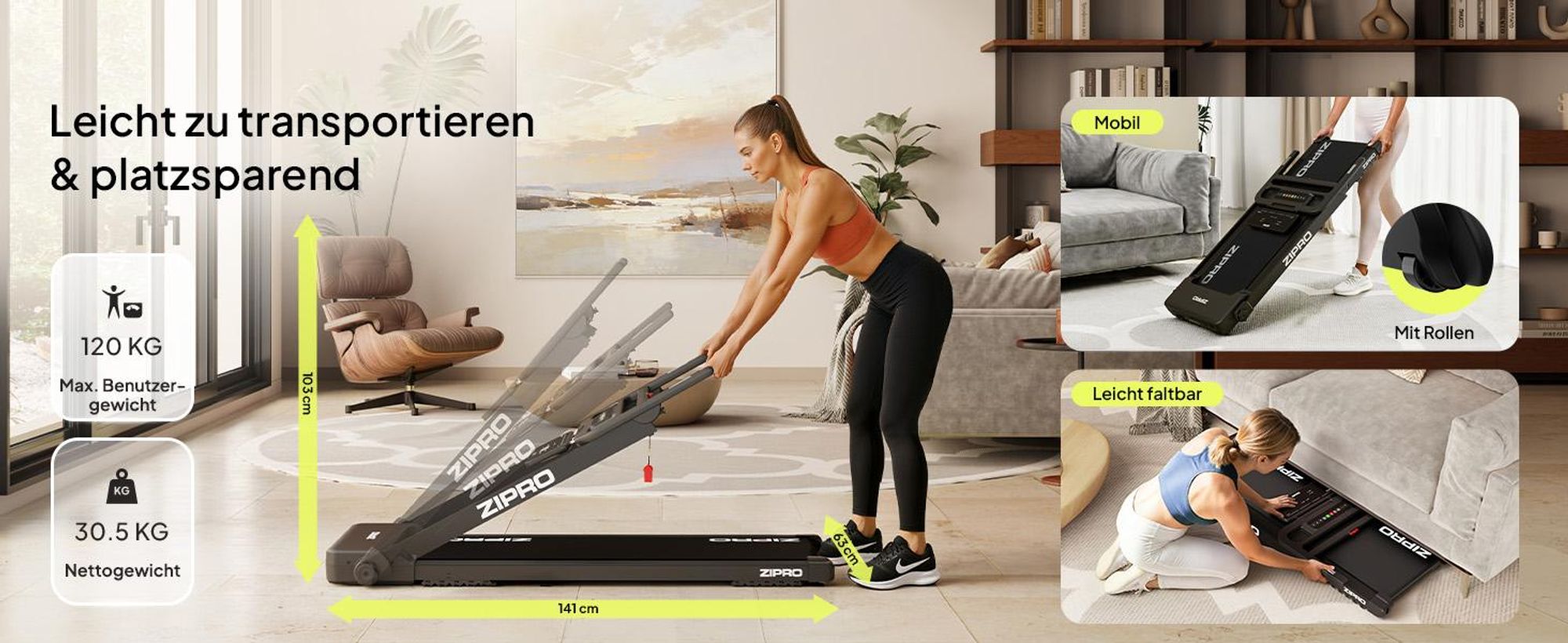 ZIPRO Forma Elektrisches Laufband klappbar – Heimtrainer bis 12 km/h – Platzsparendes FlatFold Design, Zwift & Kinomap Kompatibel, Neigungsverstellung