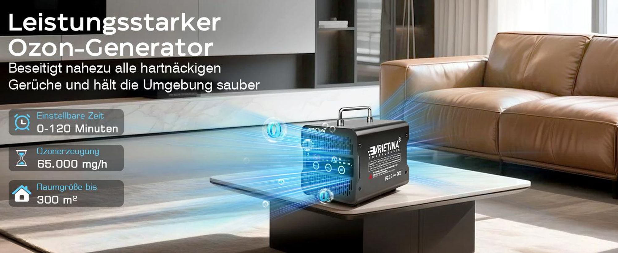 65000mg/h Ozongenerator mit Touchscreen, Luftreiniger & Ozonisator Luftstrom 300 m3/h mit 120Min Timer 35dB/150W Für Auto, Haushalt & Gewerbe, Schwarz
