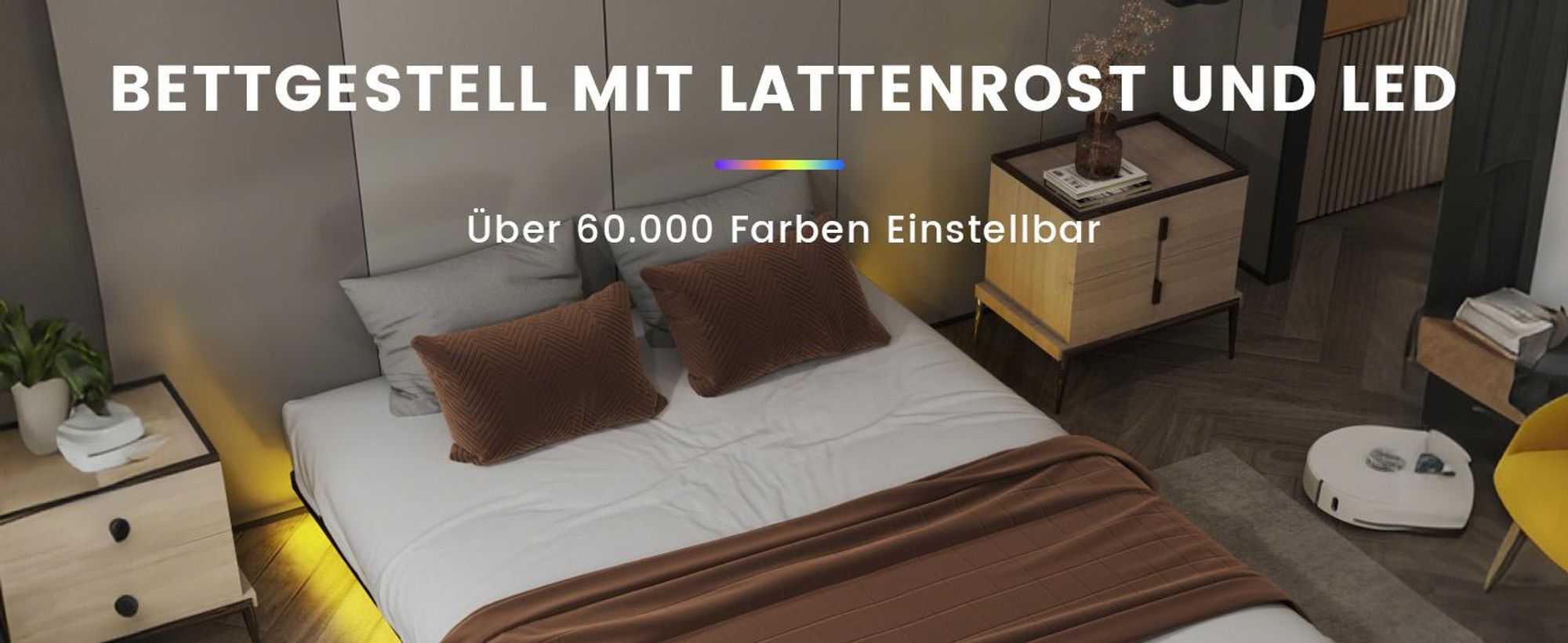 COMHOMA Bettrahmen Metallbett Gästebett Bettgestell aus Metall, mit LED & Steckdosen, Jugendbett 160x200, App & Fernbedienung, stabile Konstruktion