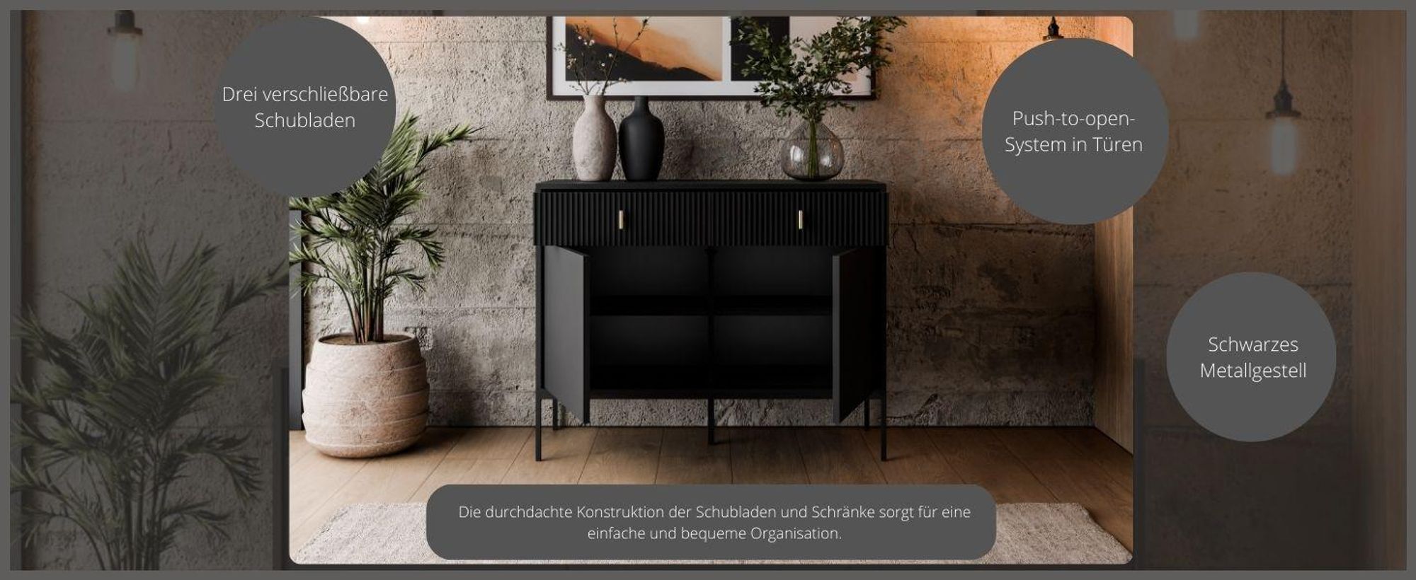 Kommode MIDNIGHT 2D2S mit zwei Schubladen auf Gestell Schwarz