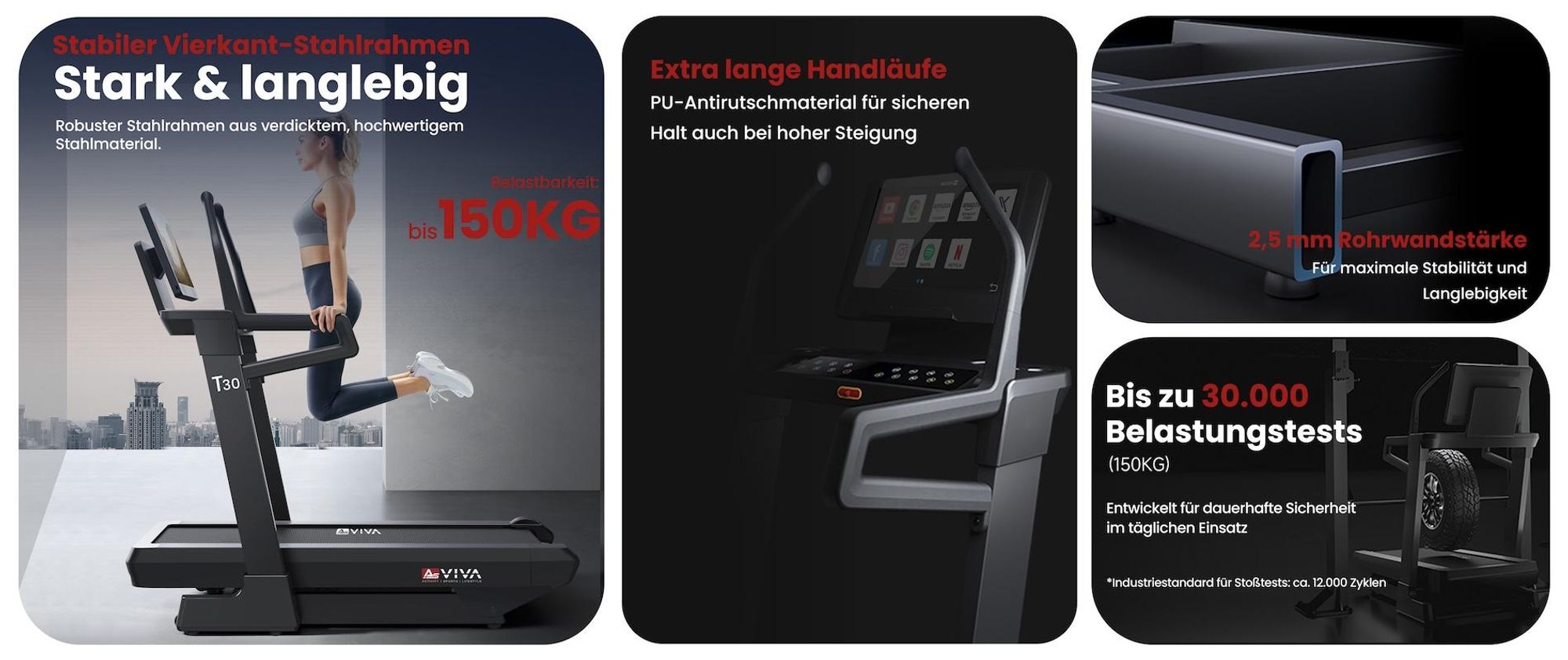 Laufband klappbar AsVIVA T30 Heimtrainer bis 20 km/h -6% bis 46% Steigung mit 21,5" Touchdisplay Bluetooth bis 150kg