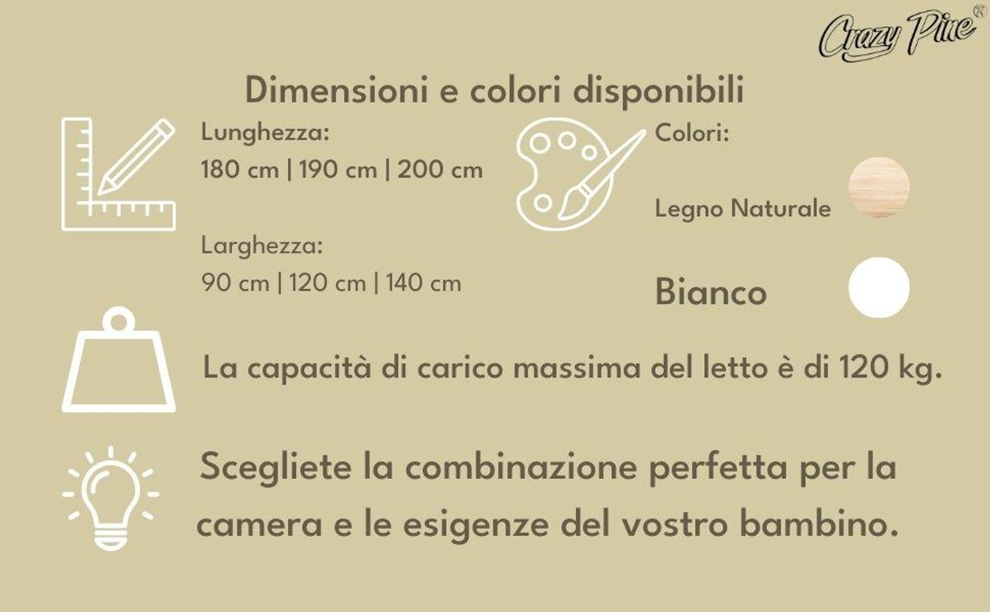 Crazy Pine Letto Alto per bambini 80x160 cm – Letto Montessori in legno massiccio con protezione anticaduta e spazio libero sotto – Crazy Basic
