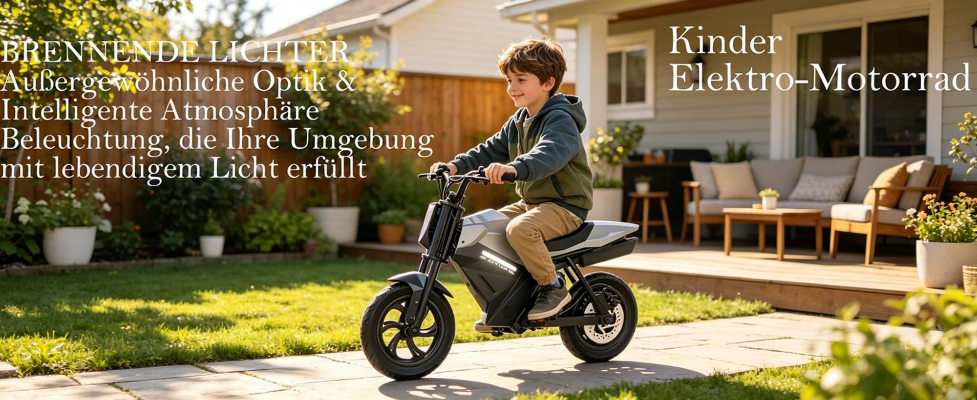 Elektro Motorrad Kinder 12,5 Zoll, 250W Elektromotorrad mit 21,6V 4Ah Lithium-Akku, bis 16 km/h, Luftreifen, Ambientebeleuchtung, Ab 8 Jahren, Grau
