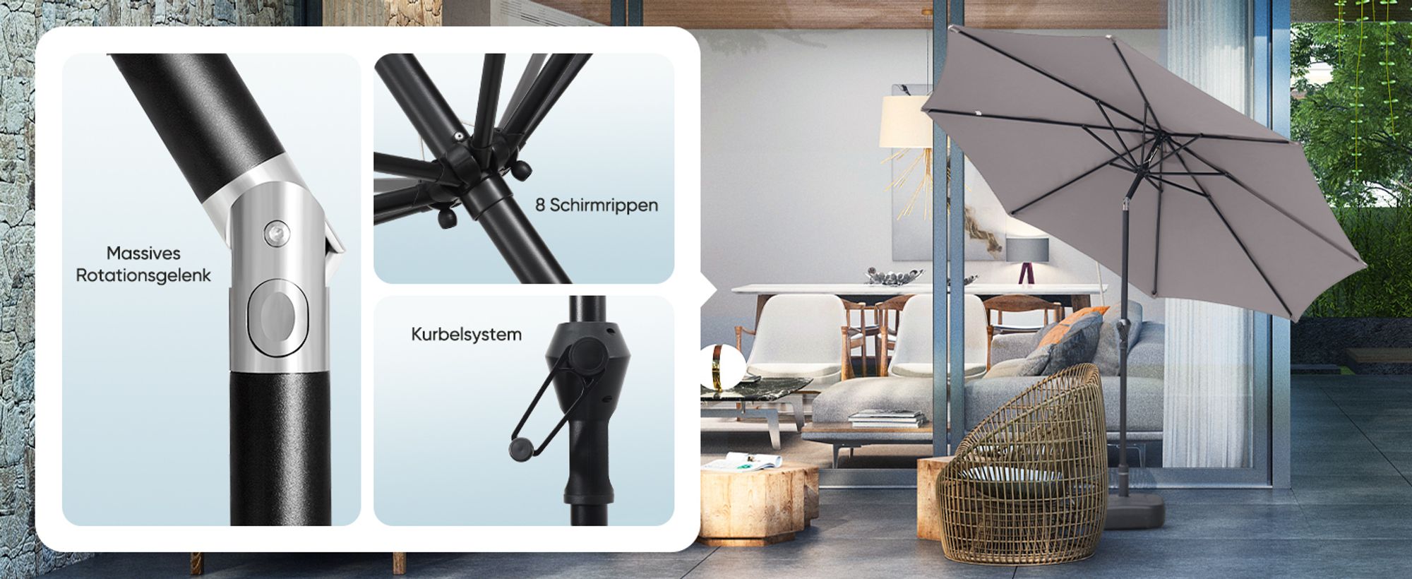 Sekey Alu Sonnenschirm 300 cm Rund Knickbar mit Kurbel Windfest und Neigbar UV 50 Schutz für Balkon und Garten, Taupe
