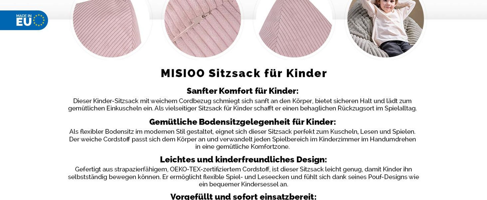MISIOO Kinder Sitzsack Premium - Ergonomischer - Ab 12 Monaten - Bequeme Sitzsäcke fürs Kinderzimmer - Sitzsack mit Leichter Styroporfüllung