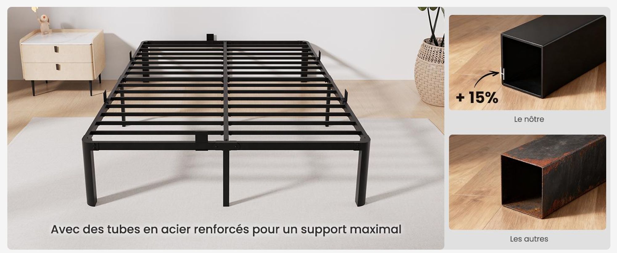 Lit 140 x 190 cm, sommier avec rangement, lits KUTAS avec 14 rangées de lattes métalliques et pieds en forme d'éventail, style industriel, jusqu'à 480 kg, noir