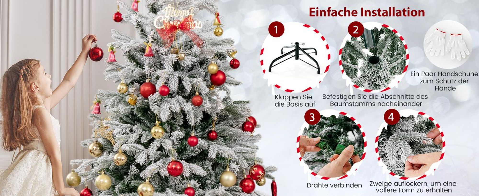 COSTWAY Künstlicher Weihnachtsbaum 180cm, Tannenbaum 1022 gemischte Zweigspitze mit Schnee, 350 Warmweiße LEDs, Christbaum Weihnachten, weiß grün