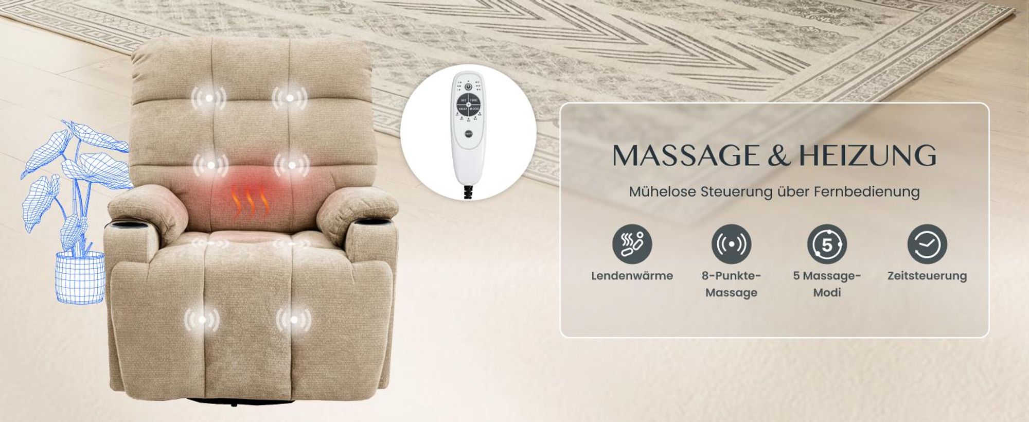 FLEXISPOT XR7 Elektrischer Relaxsessel, Massagesessel mit Heizfunktion, 360°drehbar, USB-Anschluss, 105°-165° verstellbar, belastbar bis 200 kg(Beige)