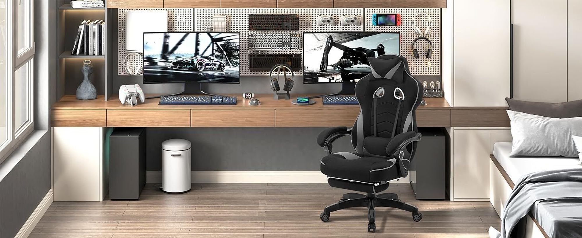 WOLTU Gaming Stuhl Racing Stuhl Bürostuhl Chefsessel mit Kopfstütze und Lendenkissen, Fußstütze, Stoff, Grau, BS83gr