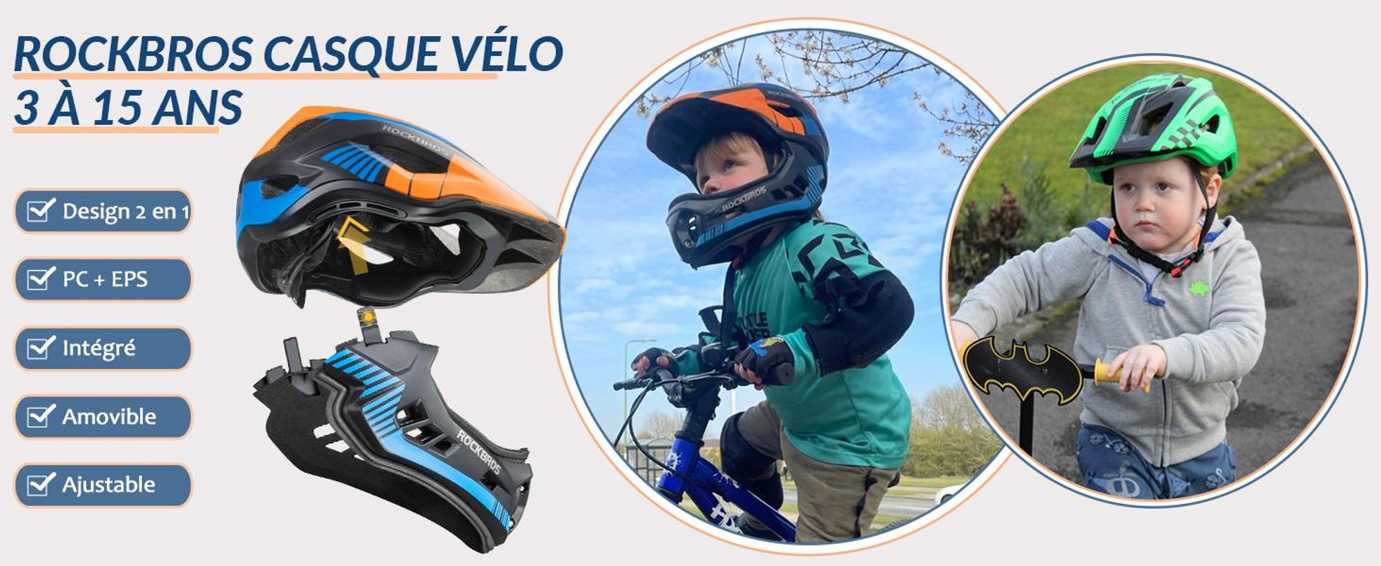 ROCKBROS Casco Integral BMX Infantil Antichoque Barbilla Desmontable CE Verde Talla S