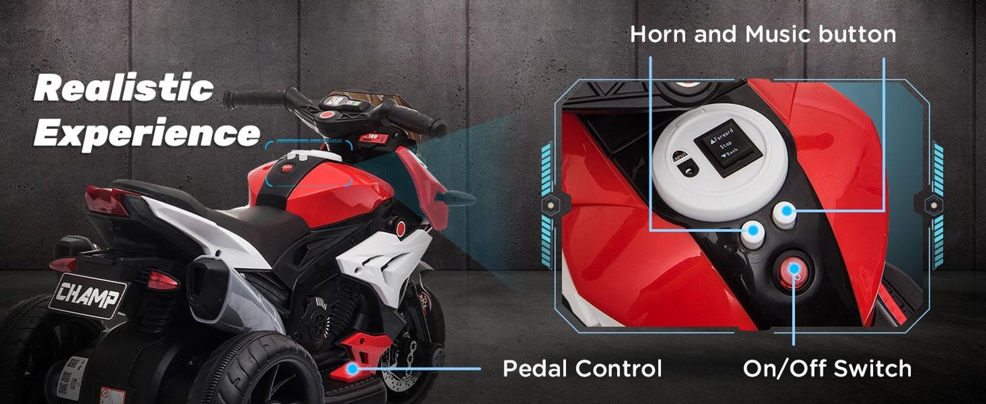 HOMCOM Elektryczny motocykl dziecięcy z muzyką i światłami, 3 km/h, dla dzieci w wieku 3-5 lat, maks. 25 kg, czerwono-czarny