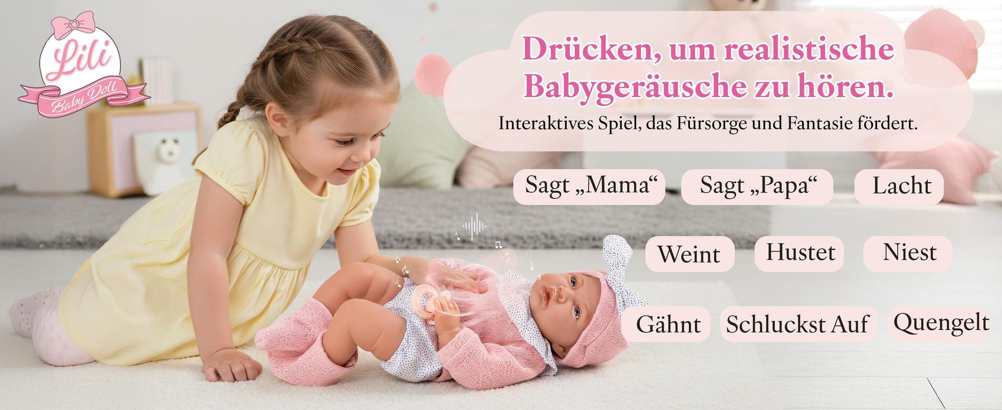 Kinderplay Babypuppe Lili 41 cm – interaktive Weichkörper-Puppe mit Sound, realistischem Design und Zubehör