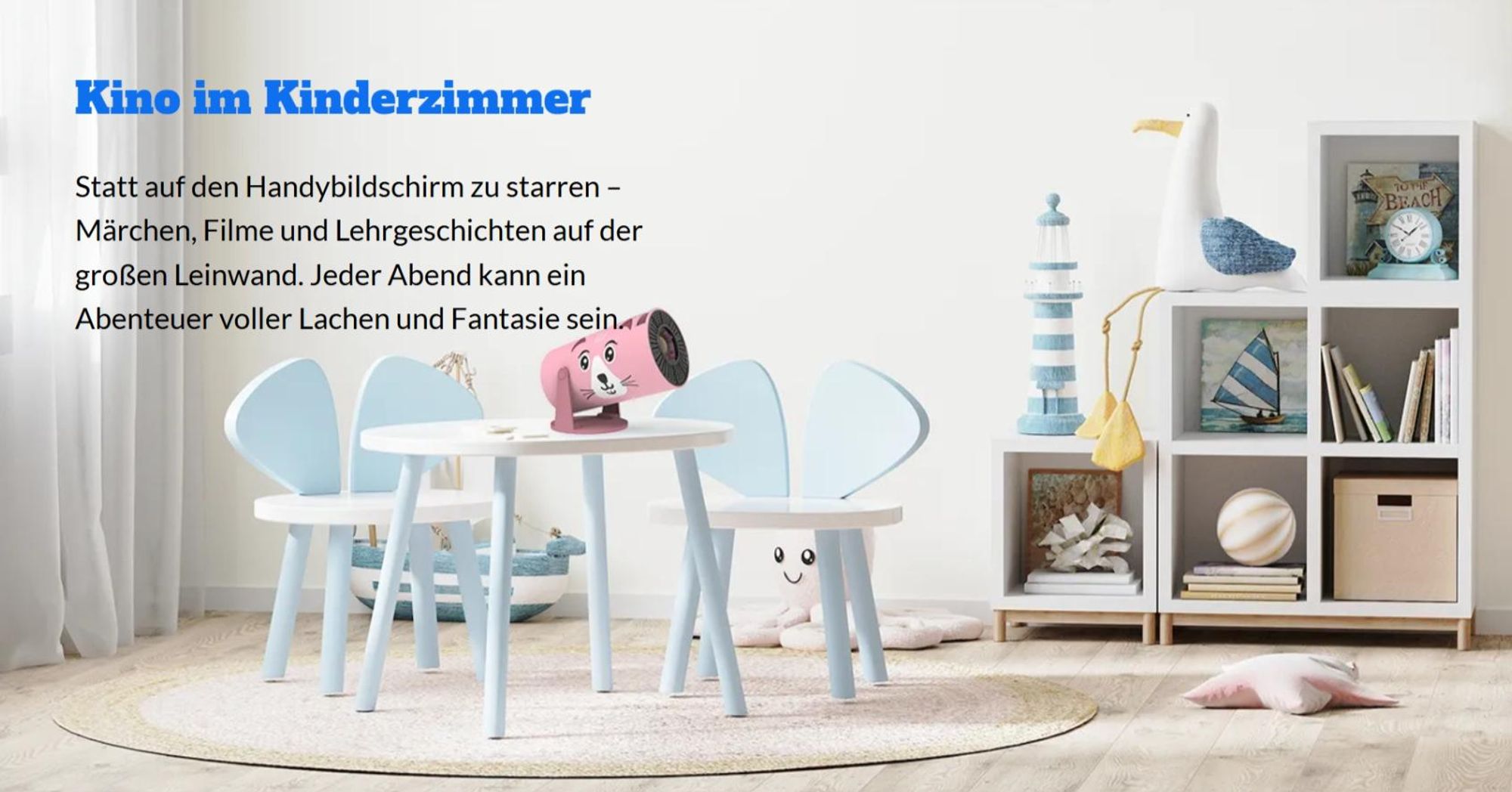 Beamer Kiano Kid Rosa Katze Projektor HD 1280x720, 32–130 Zoll, 230° drehbar, WLAN, AirPlay Miracast, ideal fürs Kinderzimmer mit Android 11
