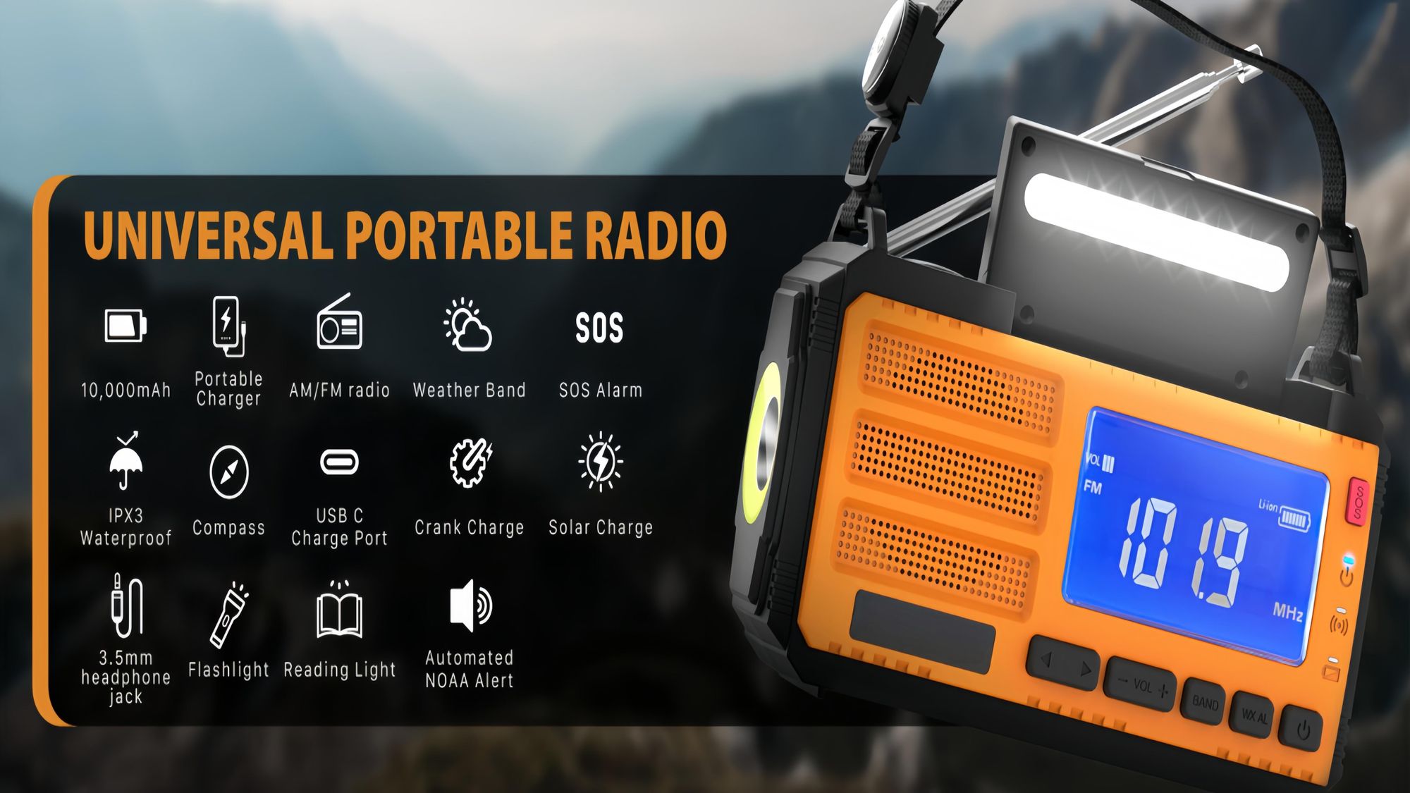 Solar-Handkurbel-Notfallradio, 10000mAh, 3 Ladearten, AM/FM-Wetterradio, Powerbank, 3-Modus-Lampe, SOS-Alarm, Kompass, Kopfhöreranschluss, Wintersturm