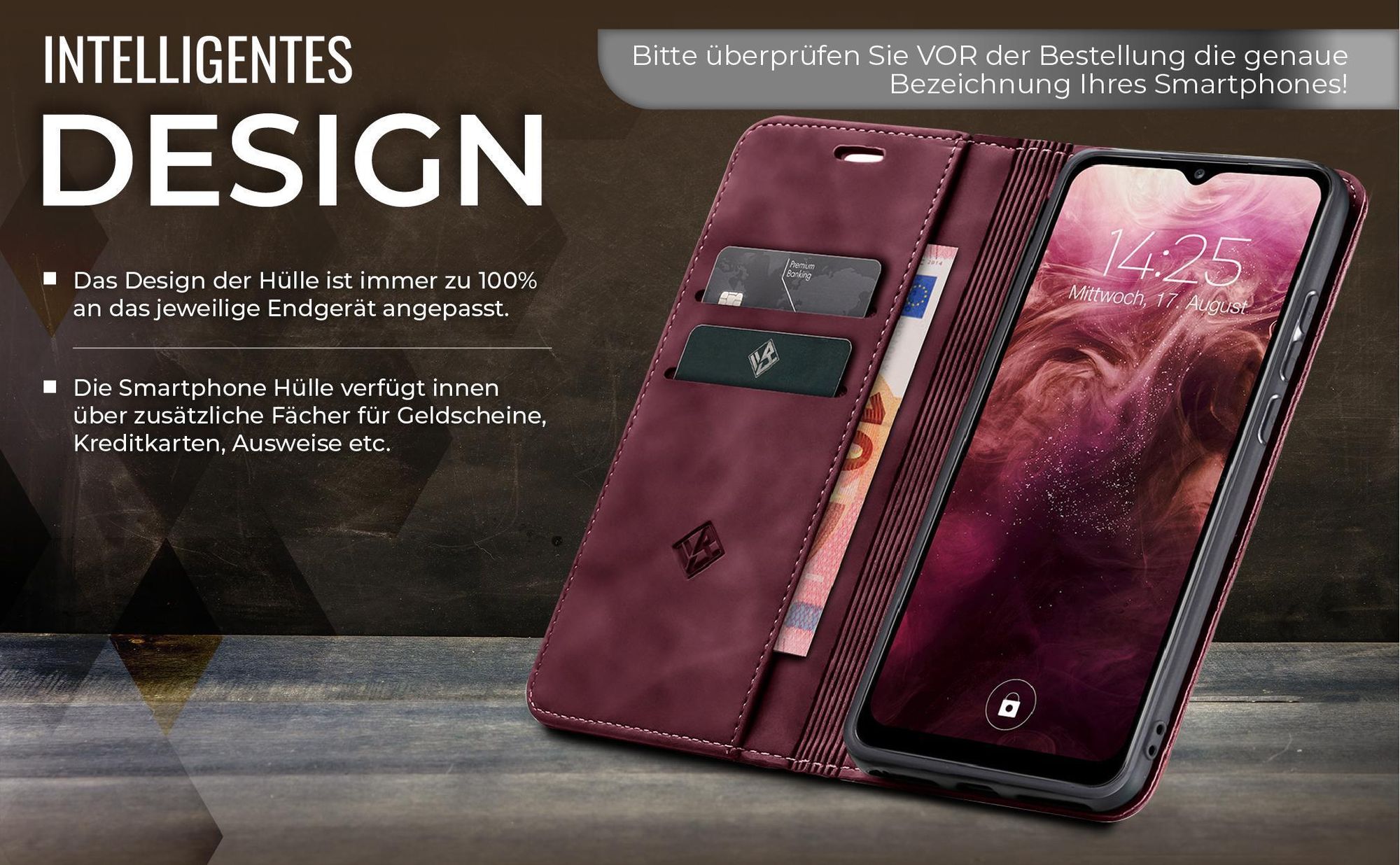 Edle Schutzhülle in Weinrot für Xiaomi Redmi 12C mit Kartenfächern und Geldfach