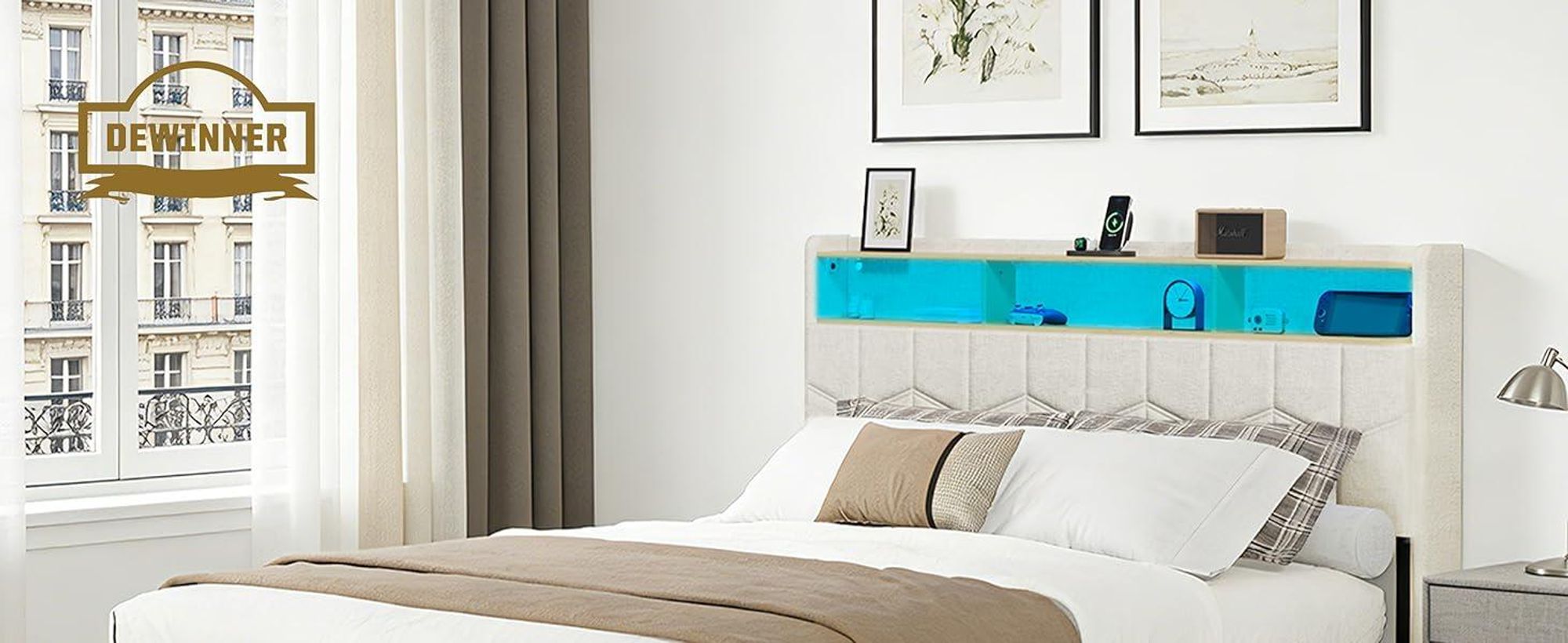 DEWINNER Lit 140x190 avec Sommier | Cadre Flottant | Lit Double avec LED Réglable | Multiprise | Sommier à Lattes | Lin Blanc | Idéal pour Chambre Mod