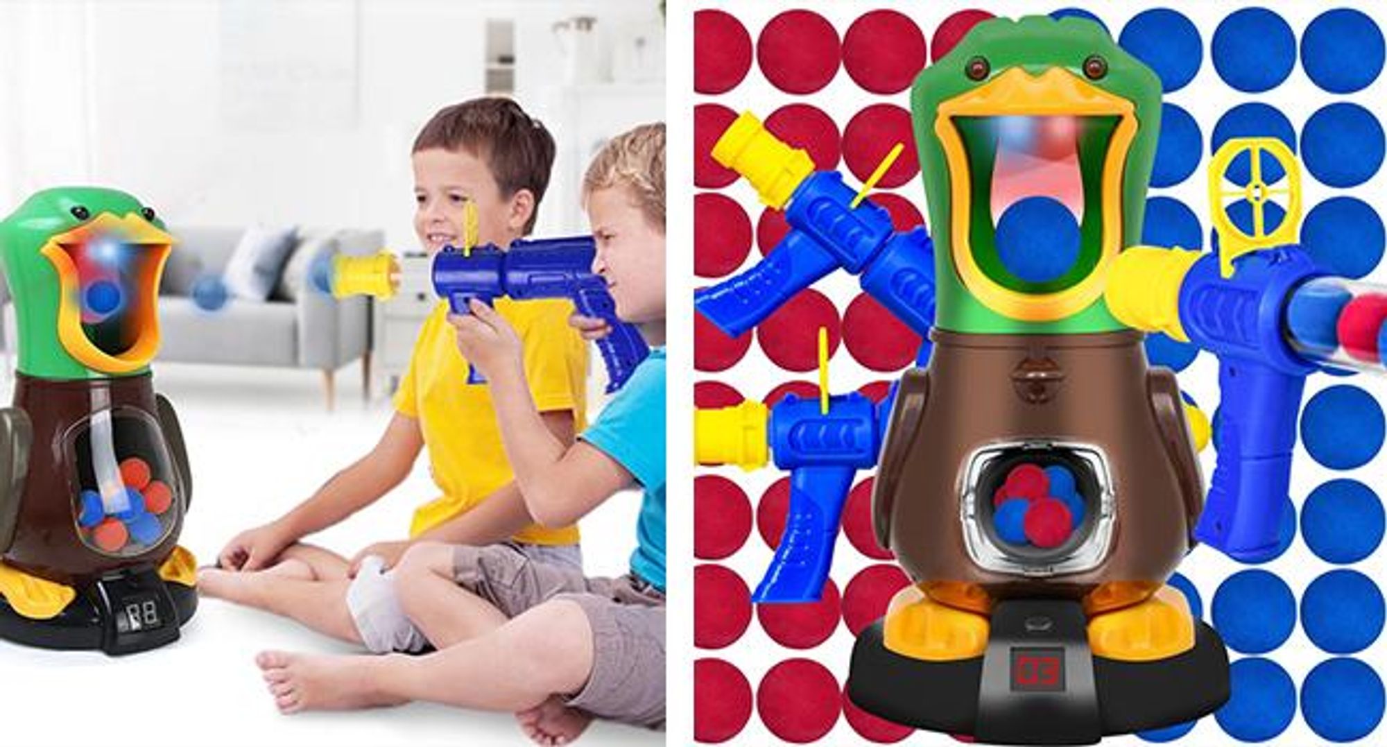 KRUMAD Hungry Duck Spielzeug ab 3 4 5 6 Jahre, Geschicklichkeitsspiel mit 2 Pistolen, 48 Schaumstoffbällen, elektronischem Trefferzähler, Licht Sound