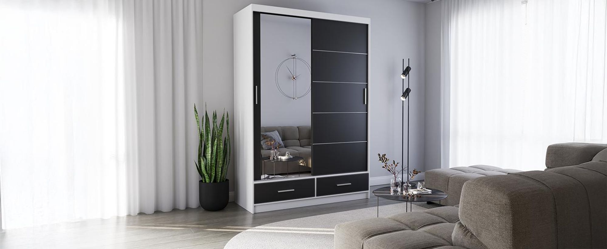 Schwebetürenschrank Kleiderschrank 150 cm Weiß/Schwarz matt mit Spiegel Florence