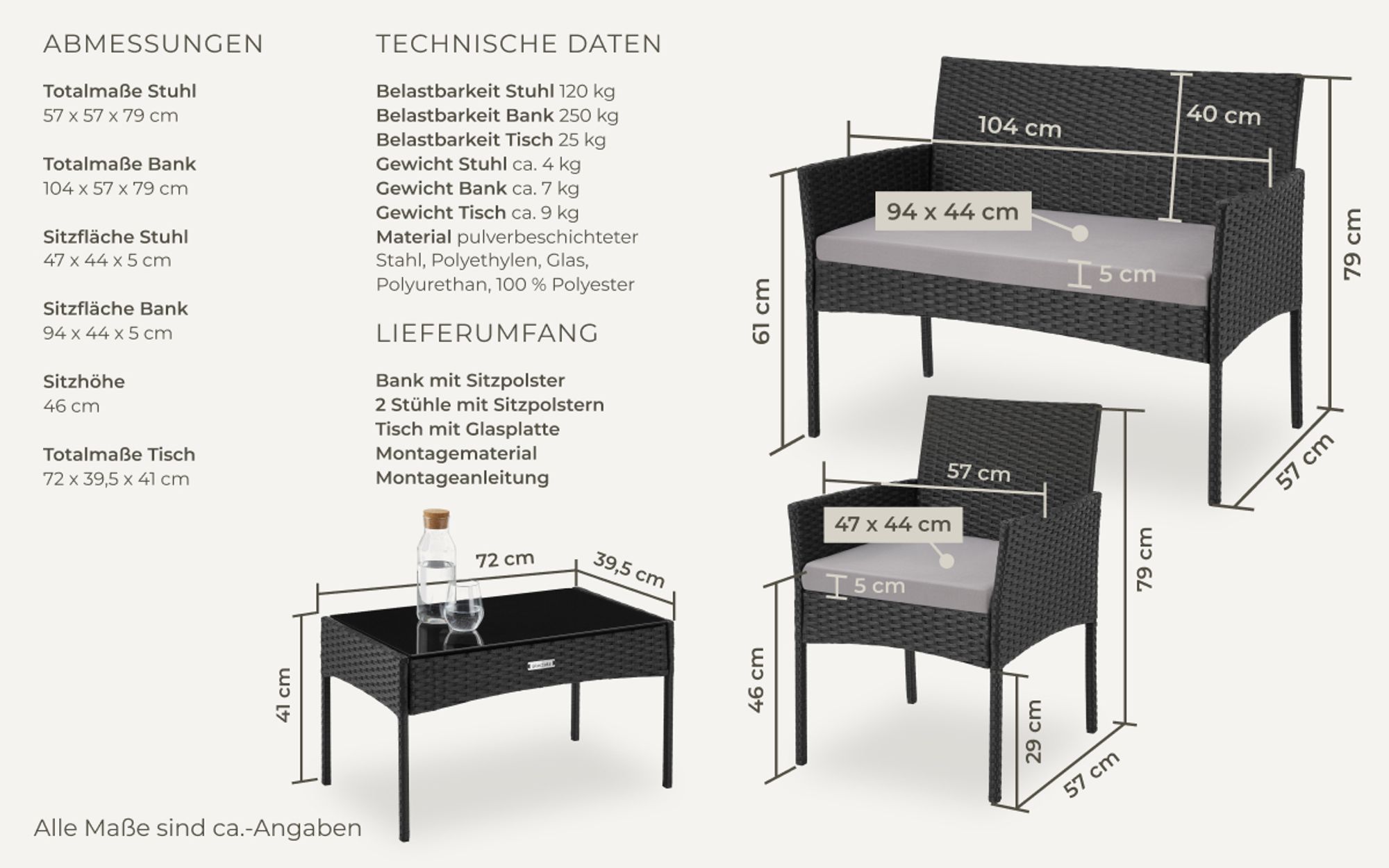 tectake® Rattan Gartenset Palese für 4 Personen
