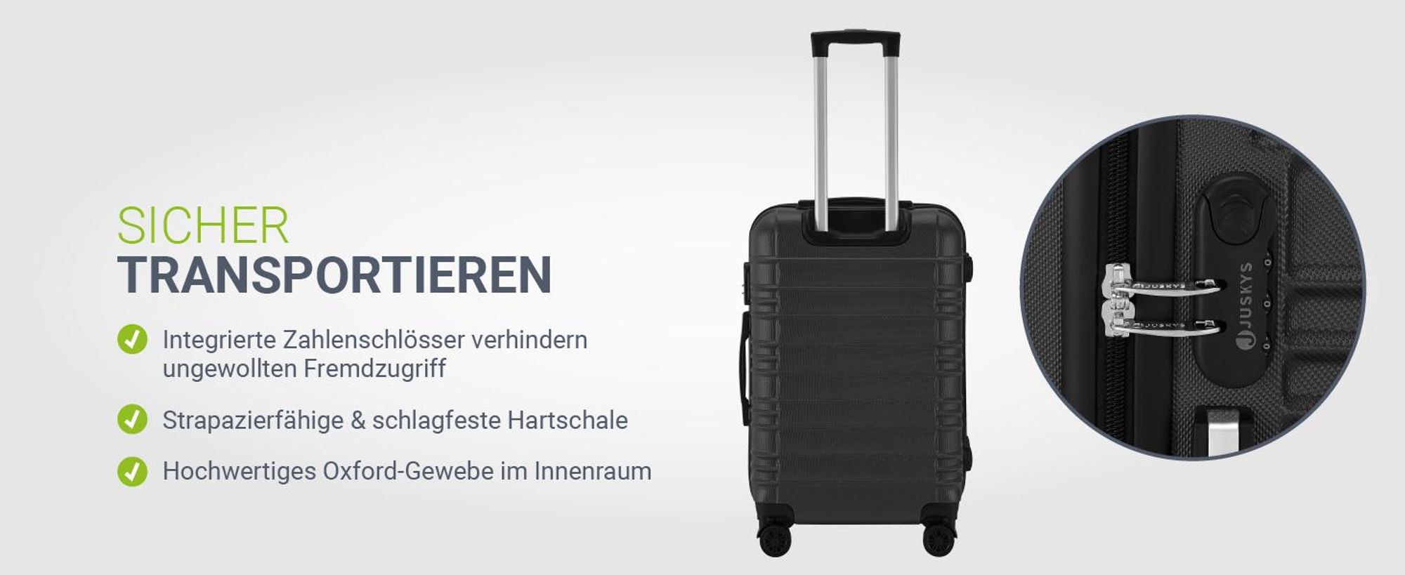 Juskys Hartschale Kofferset Reisekoffer 4 teilig - Zahlenschloss, geräuscharme 360° Rollen groß, Teleskopgriff, leicht - Koffer in Schwarz