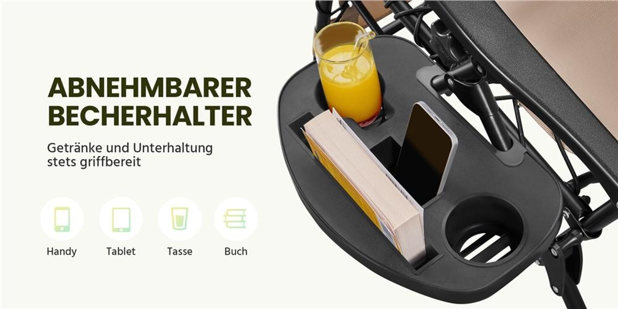 Yaheetech Klappbarer Liegestuhl mit Nackenkissen & Getränkehalter, Sonnenliege Gartenliege mit verstellbarer Rückenlehne, Beige