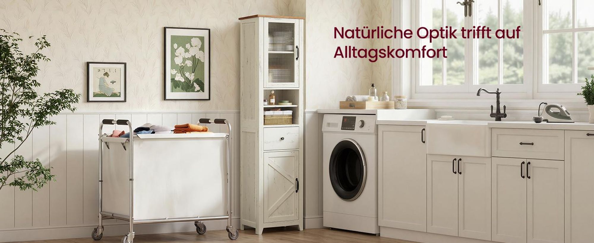 VASAGLE Badezimmerschrank im Landhausstil, Badschrank schmal, Badmöbel, weiß-braun