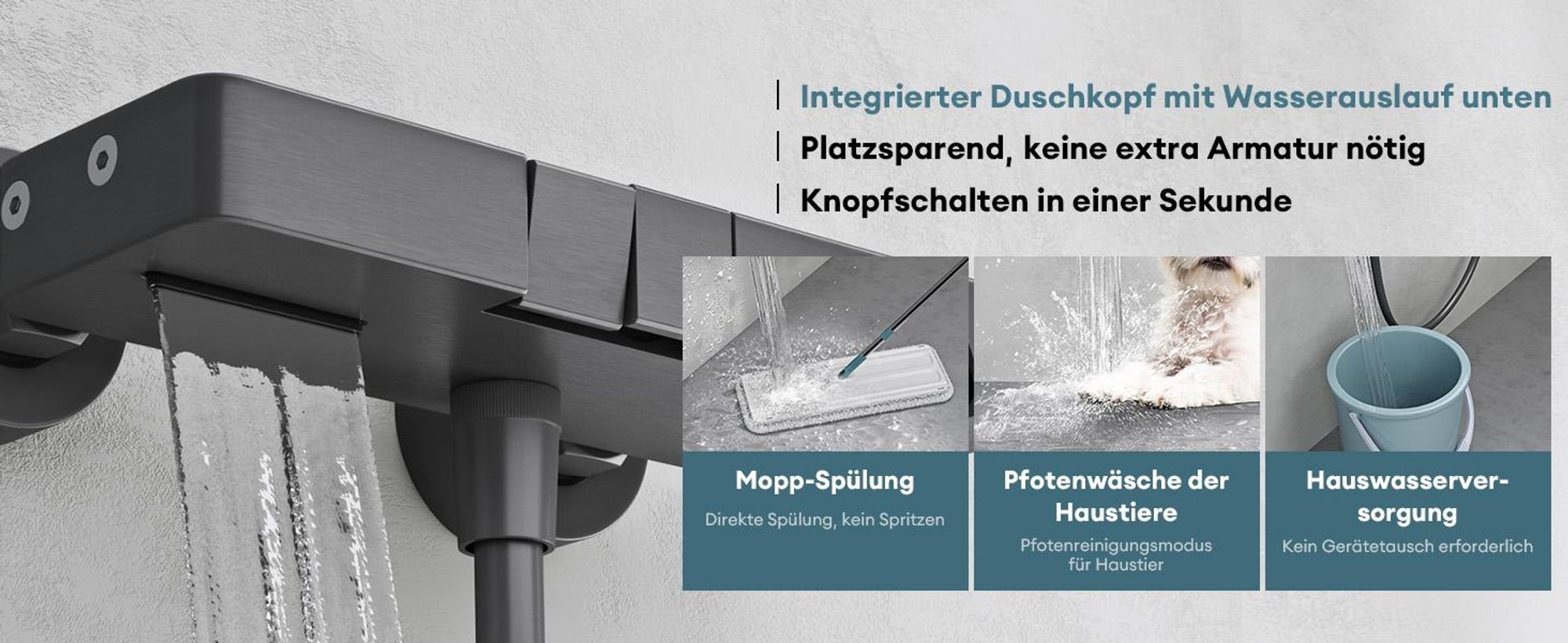 Mai & Mai Duschsystem mit Regendusche Duschkopf 3 Strahlarten höhenverstellbar Duschbrause mit Unterauslauf aus Aluminium Grau  Arvexa-02