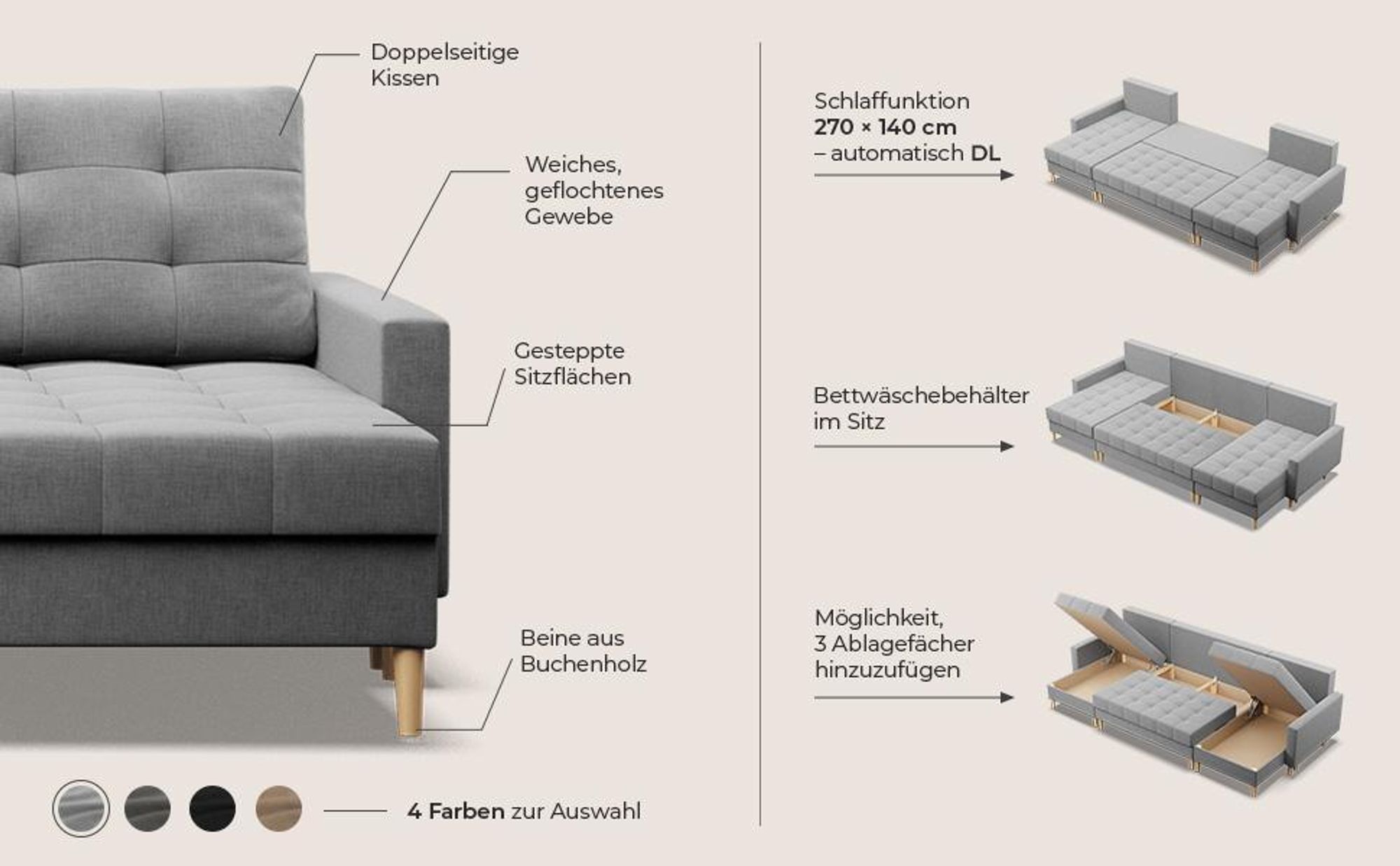 Ecksofa mit schlaffunktion und bettkasten, Sofa U-Form ELMA, Dunkelgrau