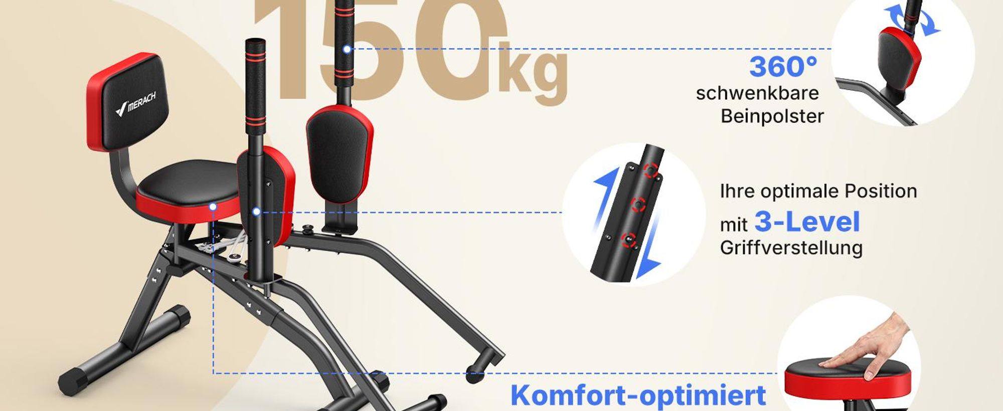 Hüftabduktor, 3-in-1 Heimtrainer für Brust, Po & Beine, Po-Trainer, Beintrainer, Hüfttrainer, bis zu 150 kg Merach