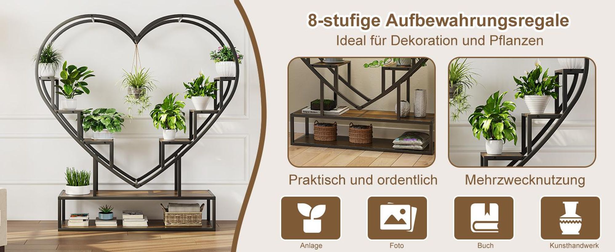 INONEFPflanzenständer mit LED-Wachstumslicht & Stauraum, Pflanzenregal Herzform,Blumenständer für Ampelpflanzen, Modernes Pflanzenregal Metall & Holz