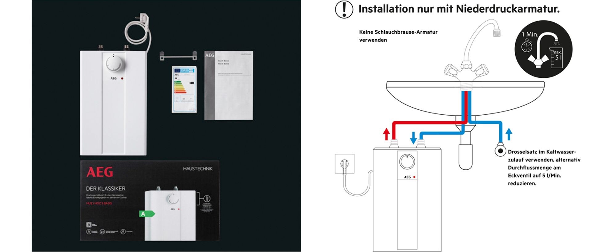 Unboxing/Lieferumfang Huz 5 Basis, Installation: Nur mit Niederdruckarmatur.