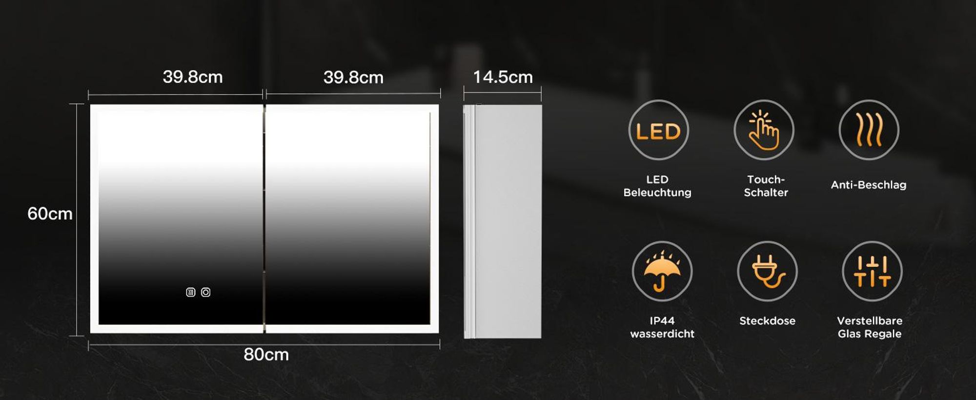 Spiegelschrank, Badezimmerschrank mit Spiegel, （80 x 60 x 14.5 cm）, Badezimmerspiegelschrank aus Edelstahl-Metall, 2-türiger Badezimmerschrank mit LED