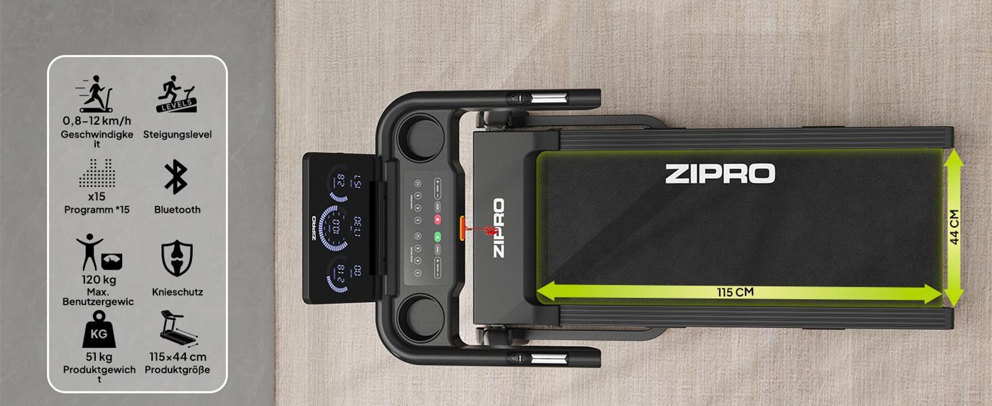 ZIPRO Luma Laufband Klappbar mit Steigung - Elektrisches Laufband für Zuhause 12km/h Heimtrainer Fitnessgerät Kinomap App Bluetooth