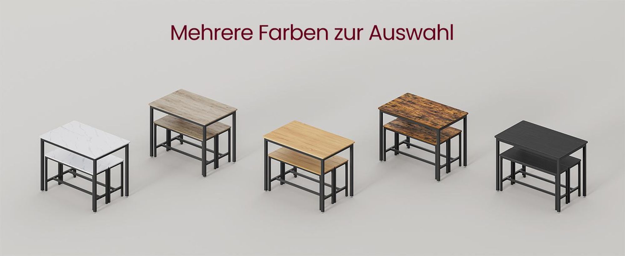 VASAGLE Esstisch, Küchentisch-Set mit 2 Bänken, 3er-Set, 110 x 70 x 75 cm, Greige meliert-Tintenschwarz