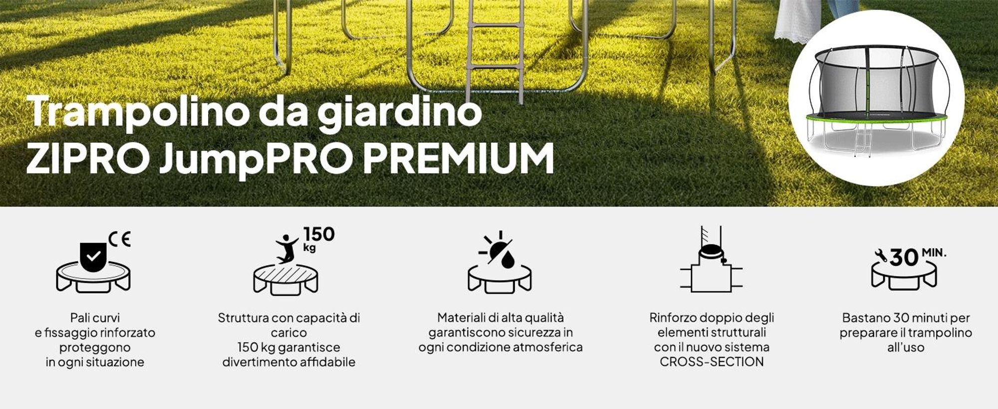 ZIPRO Trampolino Jump Pro Premium | 14FT Ø 435 cm | Trampolino da giardino Trampolino per bambini Set completo incl. rete, scaletta e copertura perimetrale, per esterni, verde