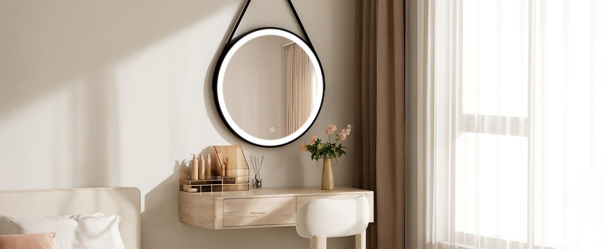 S'AFIELINA miroir de salle de bain 60cm avec éclairage rond miroir de salle de bain LED tactile et lumière blanche froide cadre noir ceinture en cuir réglable