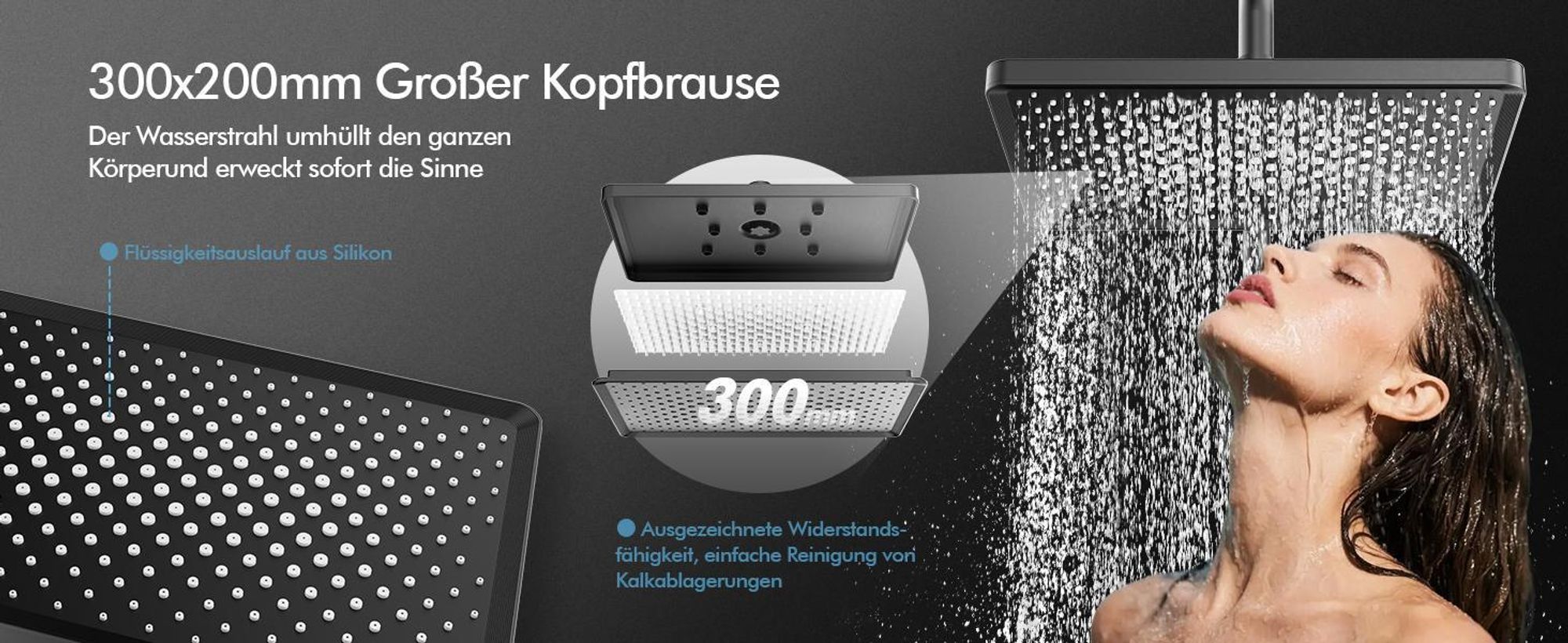 HOMELODY Duschsystem mit Thermostat und Glasablage Schwarz, 30x20cm Groß Kopfbrause, 3 Strahlarten Handbrause, Klavierknöpfen Duscharmatur Komplettset