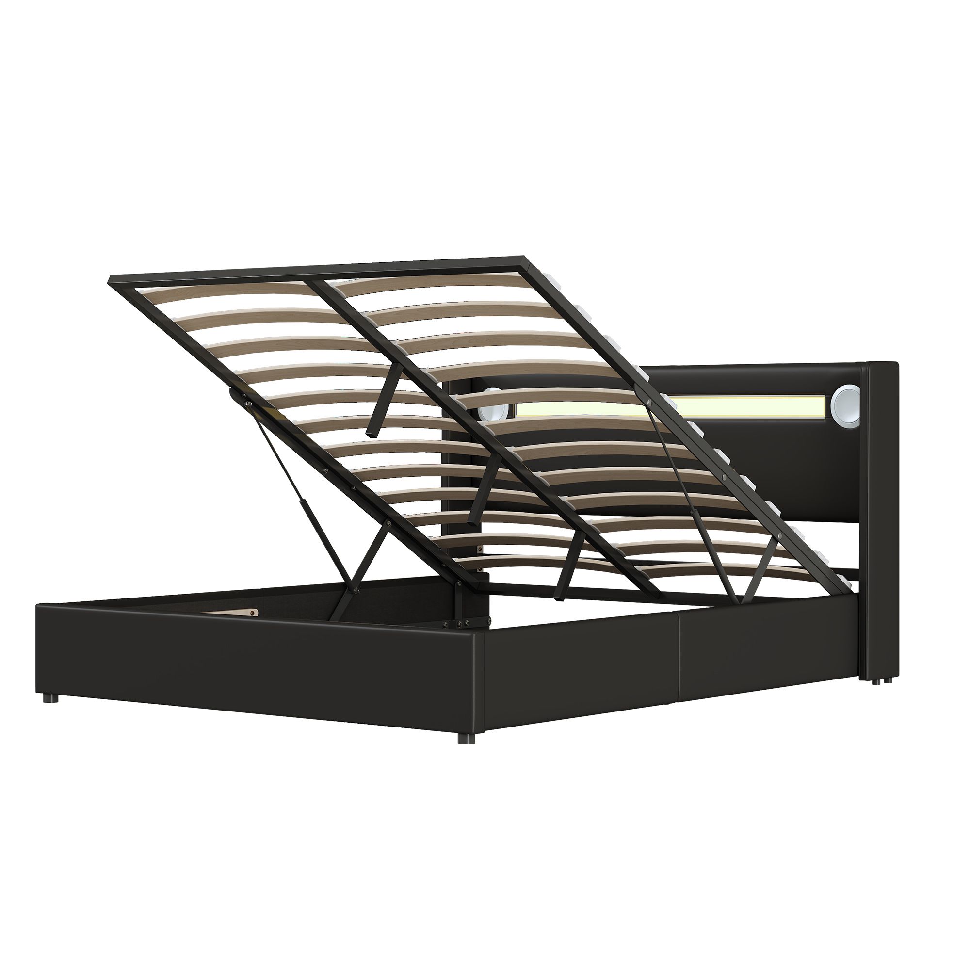 Flieks Polsterbett 160x200cm mit USB und Bluetooth-Player, Boxspringbett Doppelbett mit LED und Lattenrost, Stauraumbett Jugendbett, PU, Schwarz