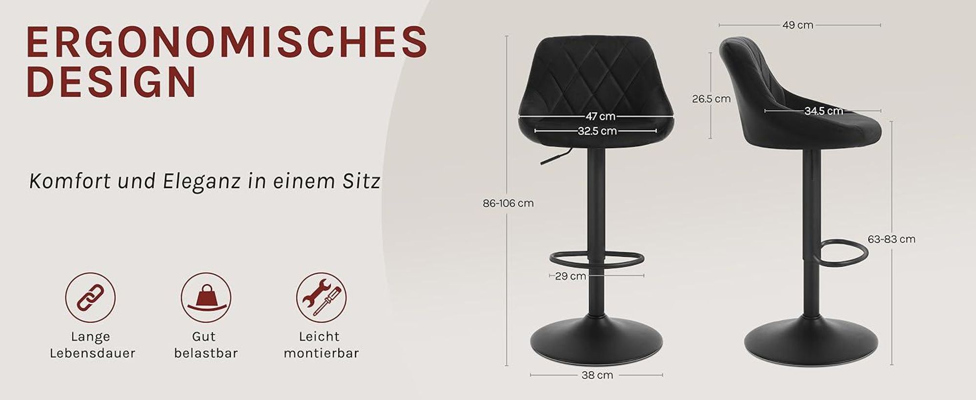 WOLTU Barhocker 4er Set, Barstuhl, Gute gepolsterte Sitzfläche aus Samt, Höhenverstellbar, 360° Drehbar, Schwarz